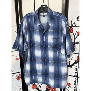 Tommy Bahama Blue Plaid Hawaiian Button Down Shirt Size Medium Casual 100% Silk